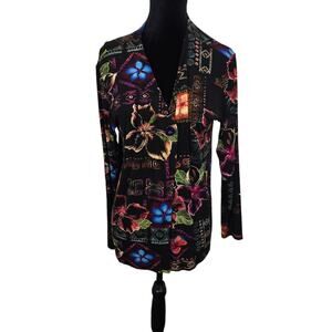 Chicos Travelers Women's Black Floral Slinky One Button Boho Cardigan Colorful M